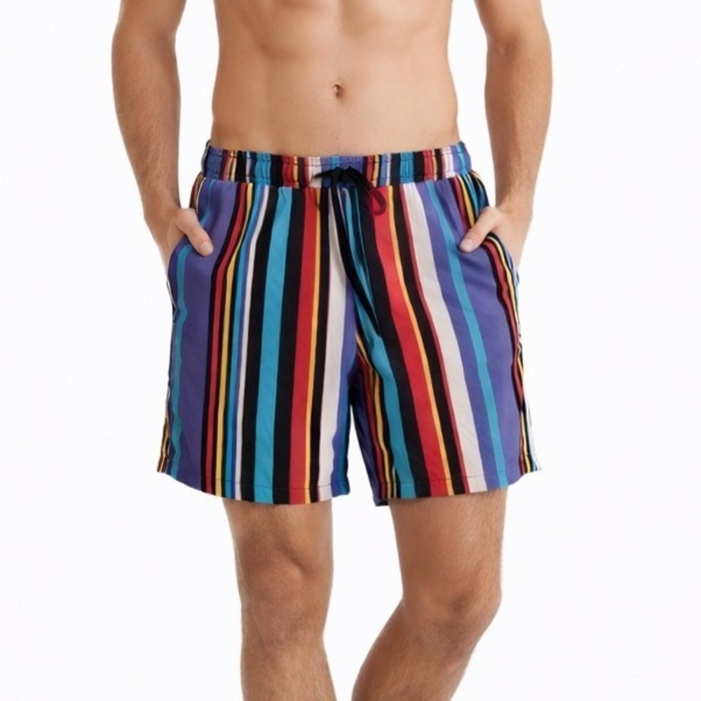 Surf Society Swimwear Men's Medium Striped Elastic Waist‎ Drawstring Swim Trunks